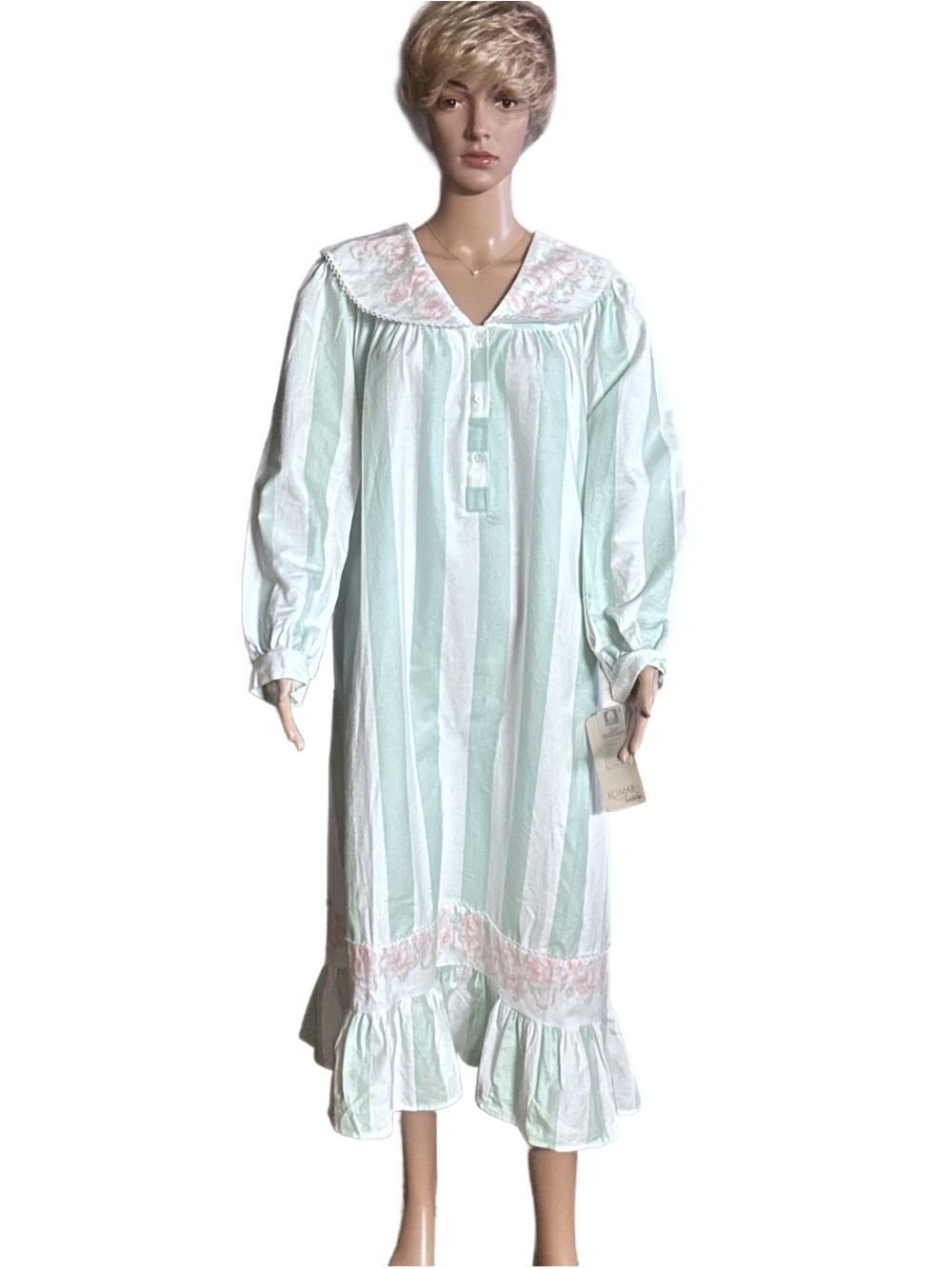 Komar ~ Women’s Medium ~ Vintage (70’s) ~  Green & White Striped Nightgown ~ New